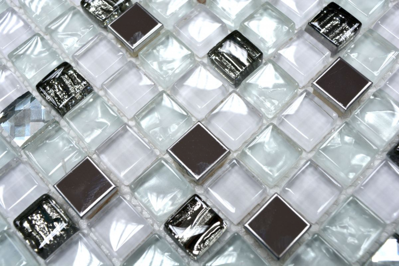 Muestra de mano mosaico azulejo translúcido acero inoxidable vidrio blanco mosaico Cristal acero vidrio blanco MOS92-0107_m