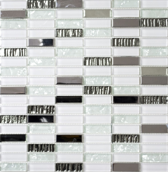 Muestra de mano mosaico azulejo translúcido acero inoxidable blanco varillas de vidrio mosaico Cristal acero blanco vidrio MOS87-0102_m