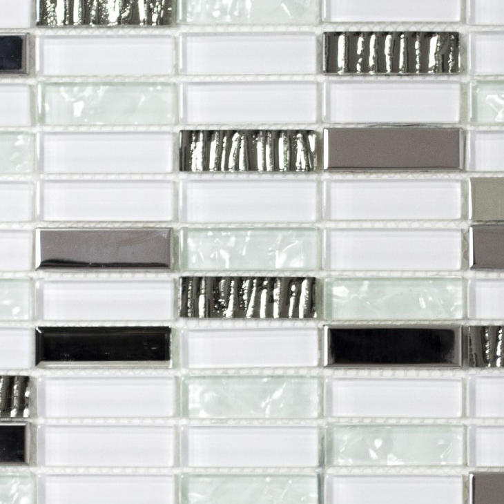 Muestra de mano mosaico azulejo translúcido acero inoxidable blanco varillas de vidrio mosaico Cristal acero blanco vidrio MOS87-0102_m