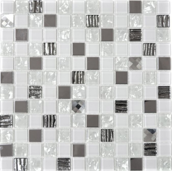Muestra de mano mosaico azulejo espejo translúcido acero inoxidable vidrio blanco mosaico Cristal acero vidrio blanco MOS63-CM-424_m