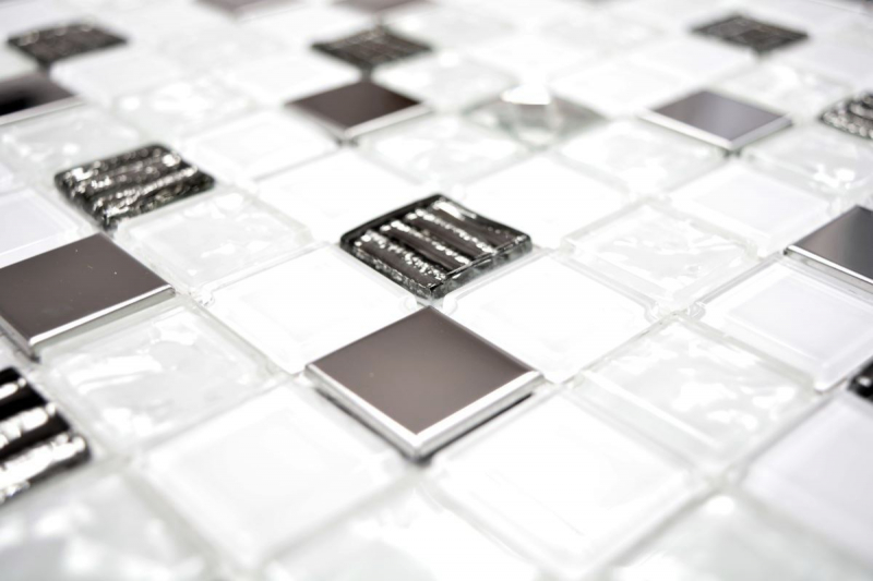 Muestra de mano mosaico azulejo espejo translúcido acero inoxidable vidrio blanco mosaico Cristal acero vidrio blanco MOS63-CM-424_m