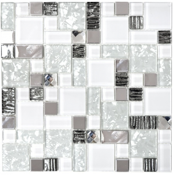 Muestra de mano mosaico azulejo translúcido acero inoxidable blanco combinación mosaico de vidrio Cristal acero blanco vidrio MOS88-01699_m