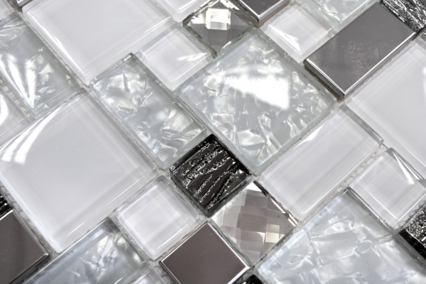 Muestra de mano mosaico azulejo translúcido acero inoxidable blanco combinación mosaico de vidrio Cristal acero blanco vidrio MOS88-01699_m