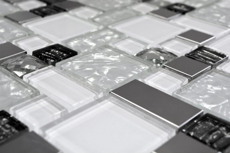 Muestra de mano mosaico azulejo translúcido acero inoxidable blanco combinación mosaico de vidrio Cristal acero blanco vidrio MOS88-01699_m