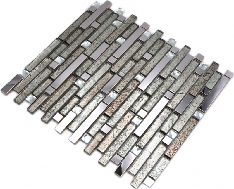 Barras de mosaico de vidrio mosaico de azulejos de acero inoxidable blanco crema plata MOS86-0106