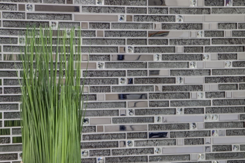 Barras de mosaico de vidrio mosaico de azulejos de acero inoxidable blanco crema plata MOS86-0106