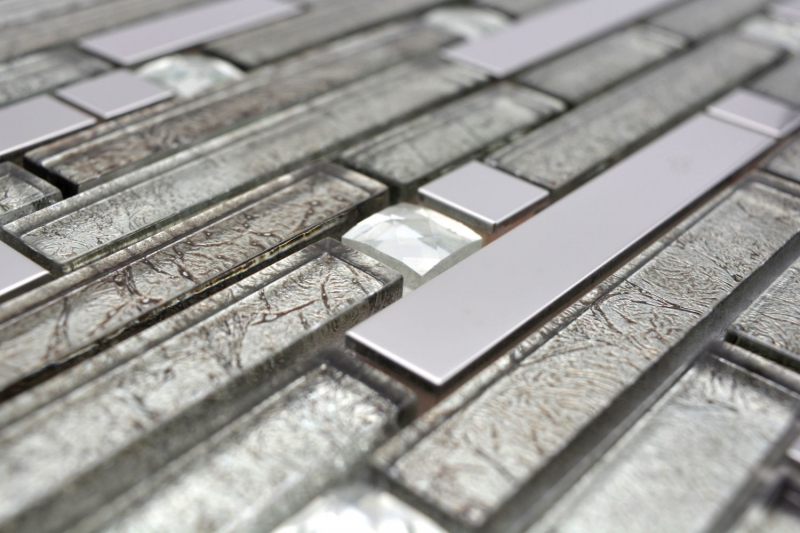 Barras de mosaico de vidrio mosaico de azulejos de acero inoxidable blanco crema plata MOS86-0106
