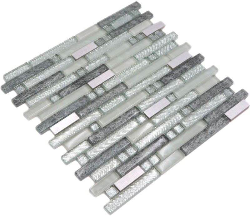 Mosaico de vidrio varillas mosaico azulejos acero inoxidable blanco plata gris MOS87-MV698