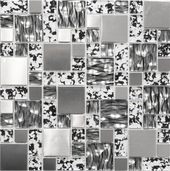 Muestra de mano mosaico azulejo espejo translúcido acero inoxidable negro plata combinación vidrio mosaico cristal acero negro estructura MOS88-0203_m