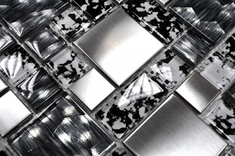Muestra de mano mosaico azulejo espejo translúcido acero inoxidable negro plata combinación vidrio mosaico cristal acero negro estructura MOS88-0203_m