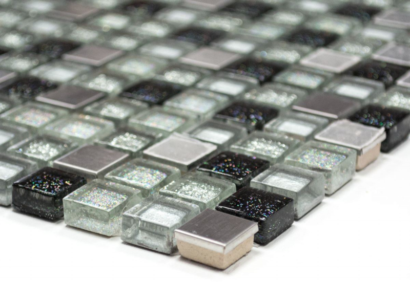 Muestra de mano mosaico azulejo Azulejo espejo translúcido acero inoxidable plata negro Mosaico de vidrio Cristal acero plata negro MOS92-0207_m