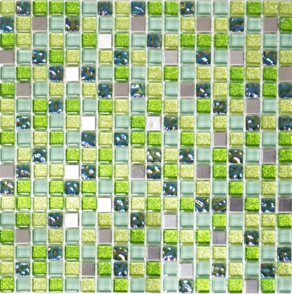 Muestra de mano mosaico azulejo Azulejo backsplash Acero inoxidable translúcido verde Mosaico de vidrio Cristal acero verde MOS92-0506_m