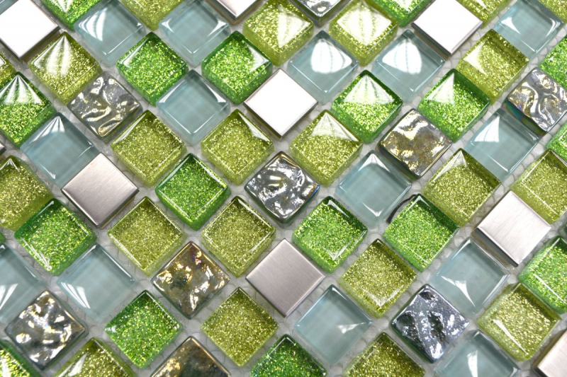Muestra de mano mosaico azulejo Azulejo backsplash Acero inoxidable translúcido verde Mosaico de vidrio Cristal acero verde MOS92-0506_m