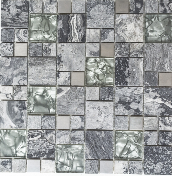 Muestra de mano mosaico azulejo azulejo backsplash translúcido acero inoxidable gris combinación vidrio mosaico cristal piedra acero gris MOS88-0204_m
