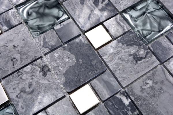 Muestra de mano mosaico azulejo azulejo backsplash translúcido acero inoxidable gris combinación vidrio mosaico cristal piedra acero gris MOS88-0204_m