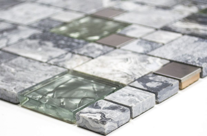 Muestra de mano mosaico azulejo azulejo backsplash translúcido acero inoxidable gris combinación vidrio mosaico cristal piedra acero gris MOS88-0204_m