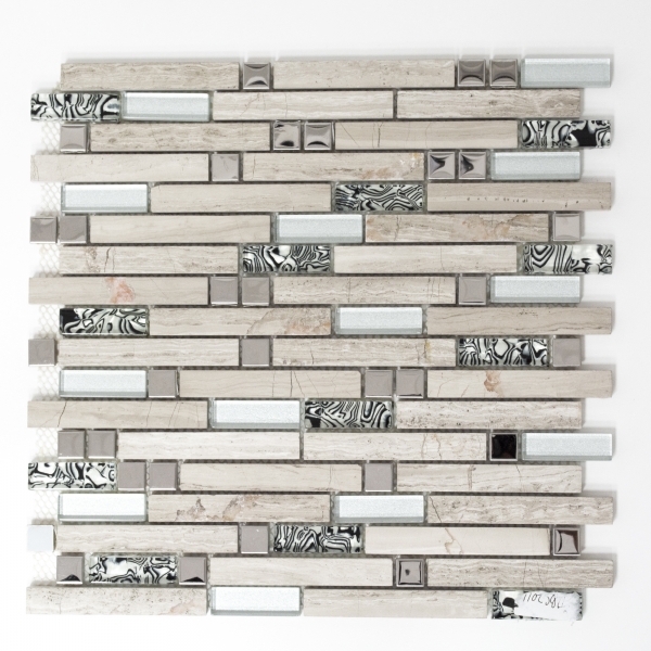 Muestra de mano mosaico azulejo azulejo backsplash translúcido acero inoxidable blanco madera compuesto vidrio mosaico cristal piedra acero madera blanco MOS86-0108_m