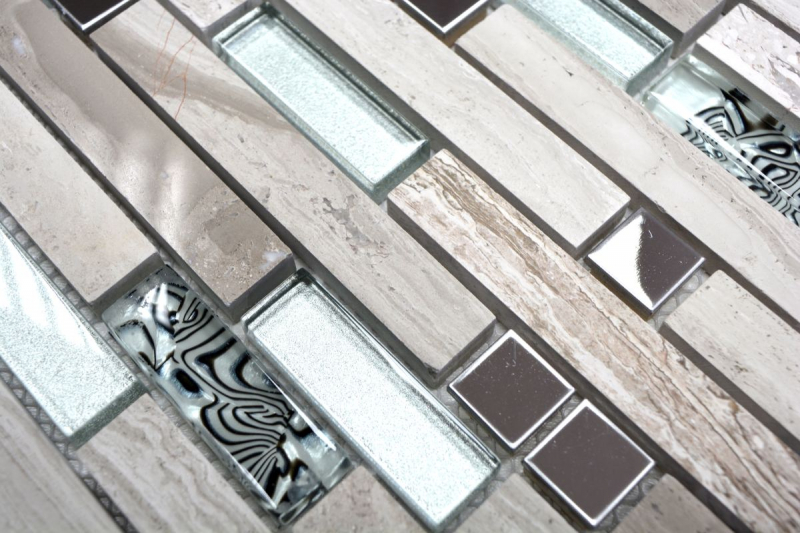 Muestra de mano mosaico azulejo azulejo backsplash translúcido acero inoxidable blanco madera compuesto vidrio mosaico cristal piedra acero madera blanco MOS86-0108_m