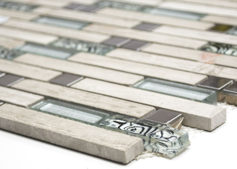 Muestra de mano mosaico azulejo azulejo backsplash translúcido acero inoxidable blanco madera compuesto vidrio mosaico cristal piedra acero madera blanco MOS86-0108_m