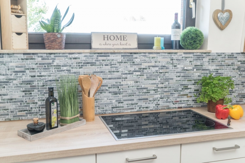 Mosaico de vidrio de piedra natural palillos de mármol mosaico de azulejos de acero inoxidable gris antracita plata splashback pared azulejos WC - MOS87-MV778