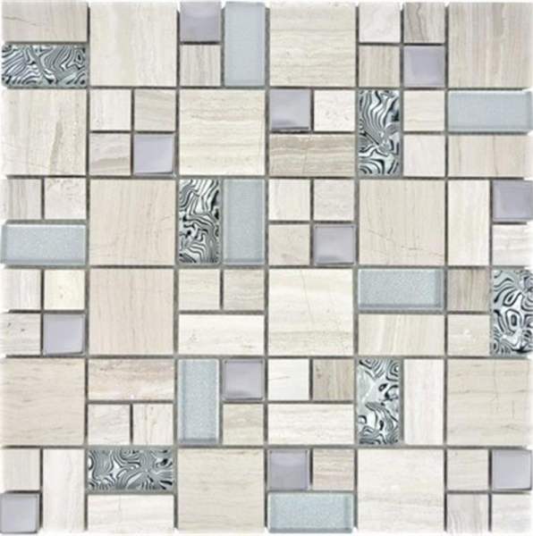 Muestra de mano mosaico azulejo translúcido acero inoxidable gris blanco combinación vidrio mosaico cristal piedra acero blanco madera MOS88-0202_m