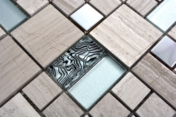 Muestra de mano mosaico azulejo translúcido acero inoxidable gris blanco combinación vidrio mosaico cristal piedra acero blanco madera MOS88-0202_m