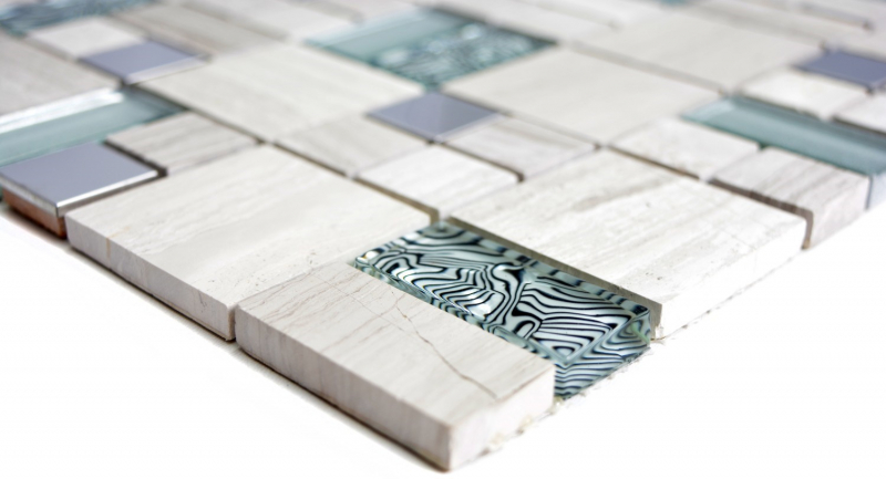 Muestra de mano mosaico azulejo translúcido acero inoxidable gris blanco combinación vidrio mosaico cristal piedra acero blanco madera MOS88-0202_m