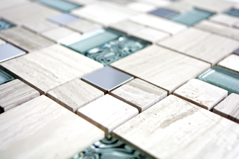Muestra de mano mosaico azulejo translúcido acero inoxidable gris blanco combinación vidrio mosaico cristal piedra acero blanco madera MOS88-0202_m