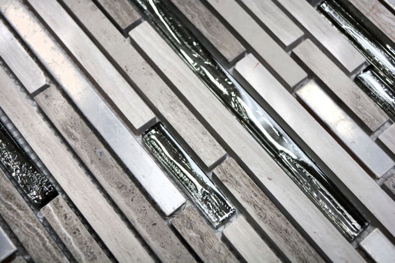 Mosaico de vidrio de piedra natural varillas de acero inoxidable de mármol gris blanco gris claro plata revestimiento de paredes cocina cuarto de baño aseo - MOS86-SV85