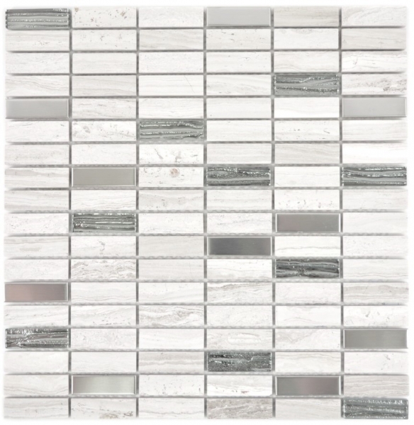 Muestra de mano mosaico azulejo translúcido acero inoxidable gris blanco varillas vidrio mosaico cristal piedra acero madera blanco MOS87-2002_m