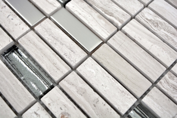 Muestra de mano mosaico azulejo translúcido acero inoxidable gris blanco varillas vidrio mosaico cristal piedra acero madera blanco MOS87-2002_m