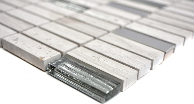 Muestra de mano mosaico azulejo translúcido acero inoxidable gris blanco varillas vidrio mosaico cristal piedra acero madera blanco MOS87-2002_m