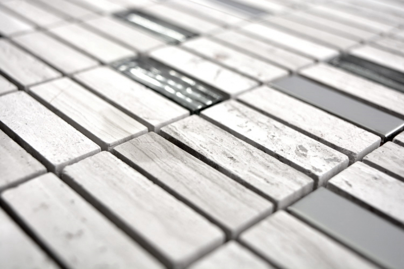 Muestra de mano mosaico azulejo translúcido acero inoxidable gris blanco varillas vidrio mosaico cristal piedra acero madera blanco MOS87-2002_m