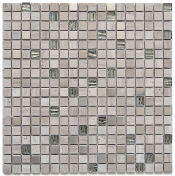 Muestra de mano mosaico azulejo translúcido acero inoxidable gris blanco vidrio mosaico cristal piedra acero madera blanco MOS92-2002_m