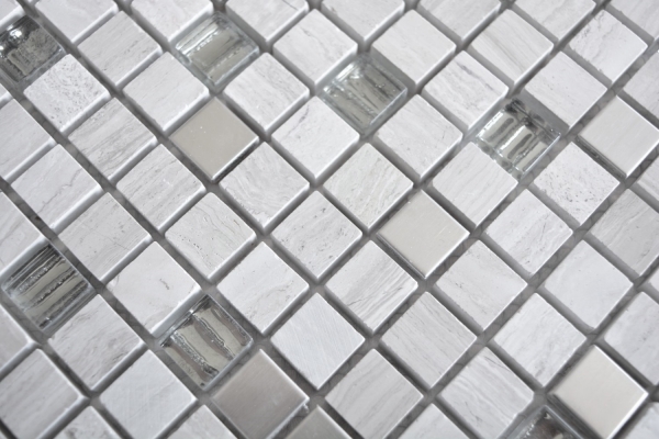 Muestra de mano mosaico azulejo translúcido acero inoxidable gris blanco vidrio mosaico cristal piedra acero madera blanco MOS92-2002_m
