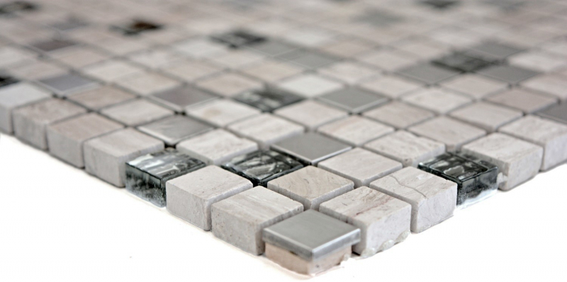 Muestra de mano mosaico azulejo translúcido acero inoxidable gris blanco vidrio mosaico cristal piedra acero madera blanco MOS92-2002_m