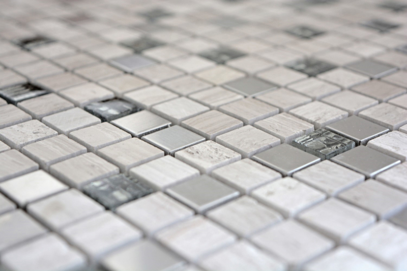 Muestra de mano mosaico azulejo translúcido acero inoxidable gris blanco vidrio mosaico cristal piedra acero madera blanco MOS92-2002_m