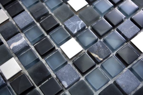 Muestra de mano mosaico azulejo translúcido acero inoxidable vidrio negro mosaico cristal piedra acero vidrio negro MOS92-0203_m