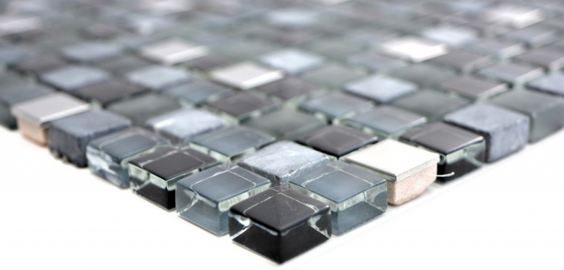 Muestra de mano mosaico azulejo translúcido acero inoxidable vidrio negro mosaico cristal piedra acero vidrio negro MOS92-0203_m