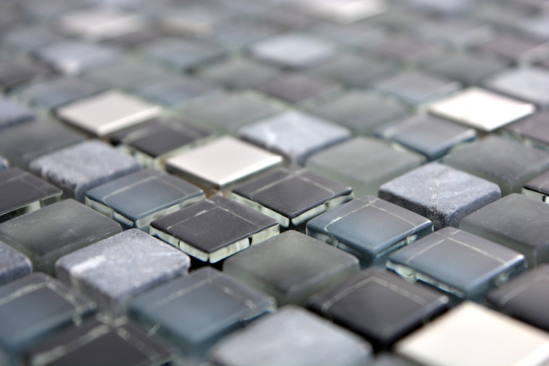 Muestra de mano mosaico azulejo translúcido acero inoxidable vidrio negro mosaico cristal piedra acero vidrio negro MOS92-0203_m