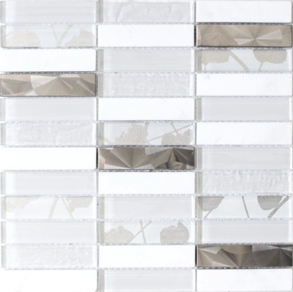 Muestra de mano mosaico azulejo azulejo backsplash acero inoxidable translúcido blanco rectángulo cristal mosaico piedra acero blanco MOS87-11X_m