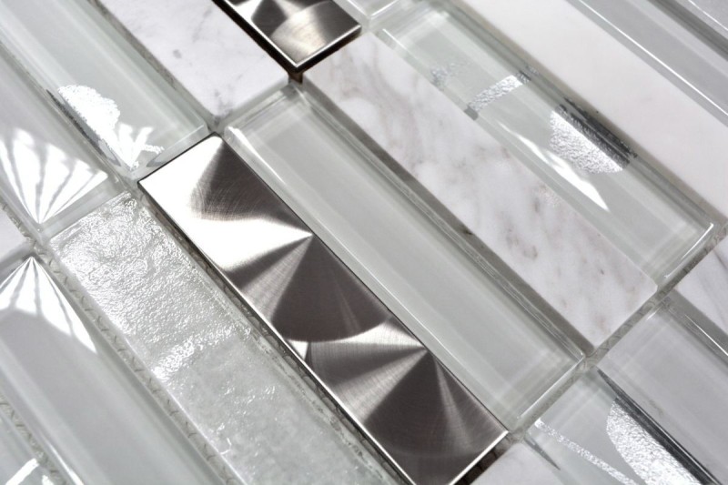Rectangular azulejos de mosaico de vidrio mosaico de acero inoxidable piedra natural blanco plata azulejo espejo ducha pared cuarto de baño WC - MOS87-11X