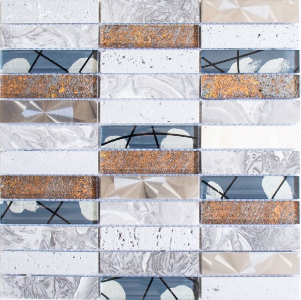 Muestra de mano mosaico azulejo azulejo backsplash acero inoxidable translúcido gris rectángulo cristal mosaico piedra acero resina gris MOS87-24X_m