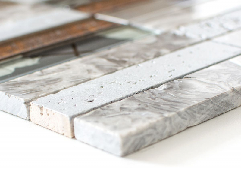 Muestra de mano mosaico azulejo azulejo backsplash acero inoxidable translúcido gris rectángulo cristal mosaico piedra acero resina gris MOS87-24X_m