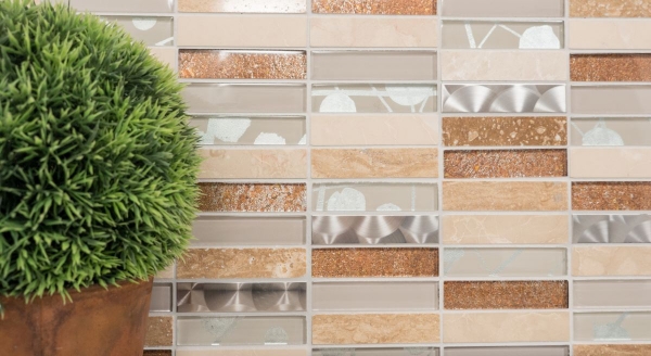 Muestra de mano mosaico azulejo espejo translúcido acero inoxidable beige rectángulo vidrio mosaico cristal piedra acero beige MOS87-52X_m