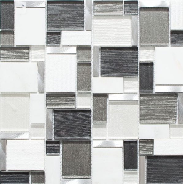 Muestra de mano mosaico azulejo translúcido aluminio blanco gris combinación vidrio mosaico cristal piedra aluminio blanco y gris MOS49-FK02_m