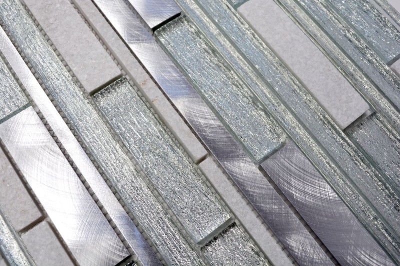 Mosaico de vidrio piedra natural varillas mosaico azulejo aluminio blanco plata claro gris salpicaduras pared revestimiento baño WC - MOS49-GV64