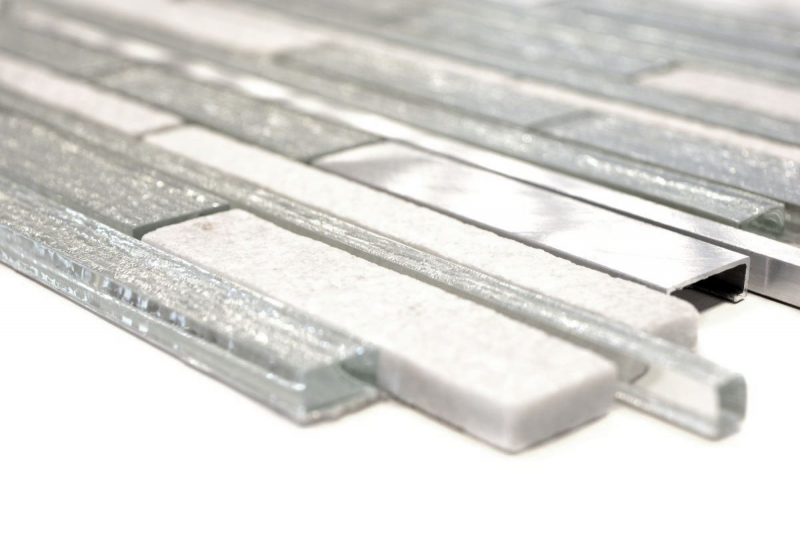 Mosaico de vidrio piedra natural varillas mosaico azulejo aluminio blanco plata claro gris salpicaduras pared revestimiento baño WC - MOS49-GV64