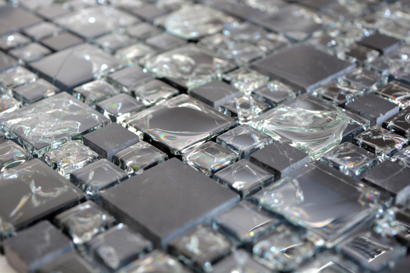 Muestra de mano mosaico azulejo translúcido negro combinación vidrio mosaico cristal piedra negro MOS92-HQ14_m