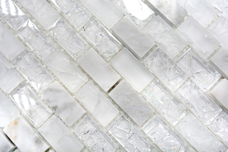 Muestra de mano mosaico azulejo azulejo backsplash translúcido blanco ladrillo vidrio mosaico cristal piedra blanco MOS87-0111_m
